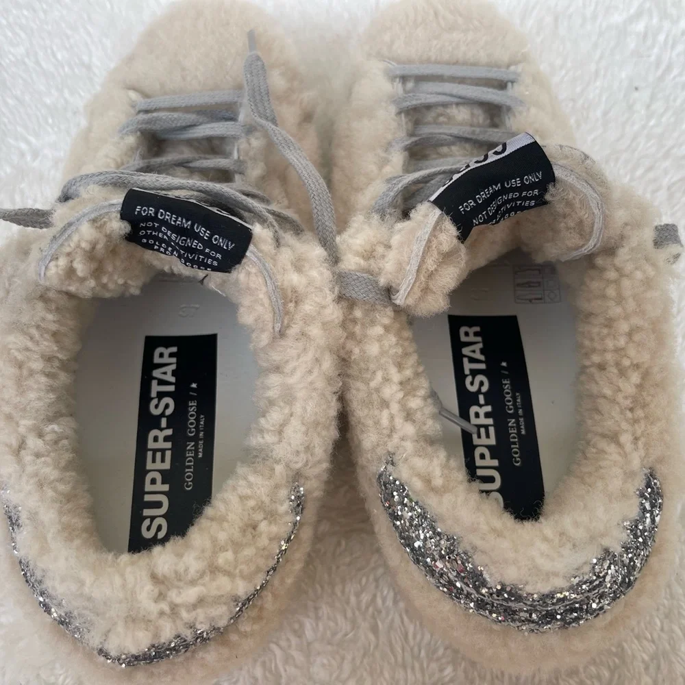 New Golden Goode Super-Star Beige Shearling Silver Glitter Star Sneakers Size 37 - Picture 9 of 12